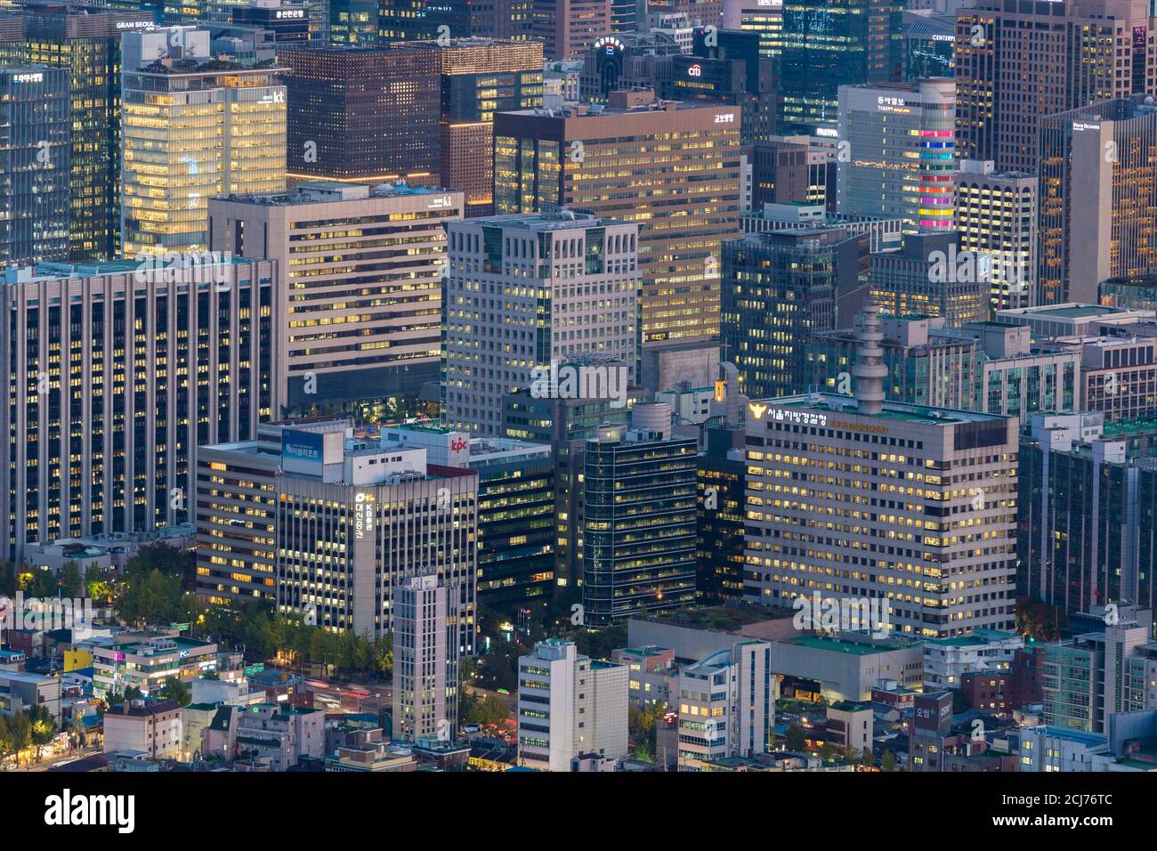 Vue aérienne des immeubles de bureaux dans le quartier des affaires de Séoul Banque D'Images