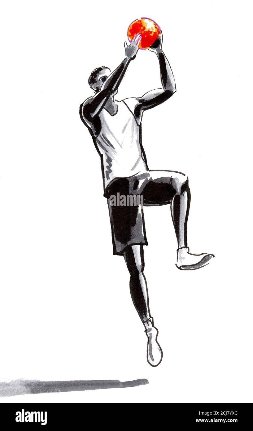 Jeune homme noir jouant au basket-ball. Dessin à l'encre et aquarelle Photo  Stock - Alamy