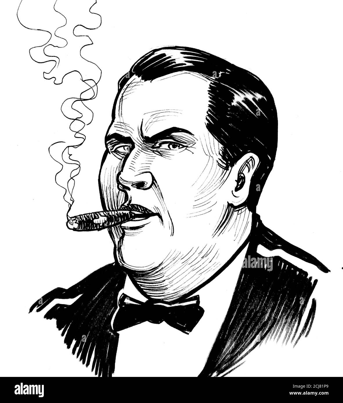 Homme riche fumant un cigare. Dessin noir et blanc Banque D'Images