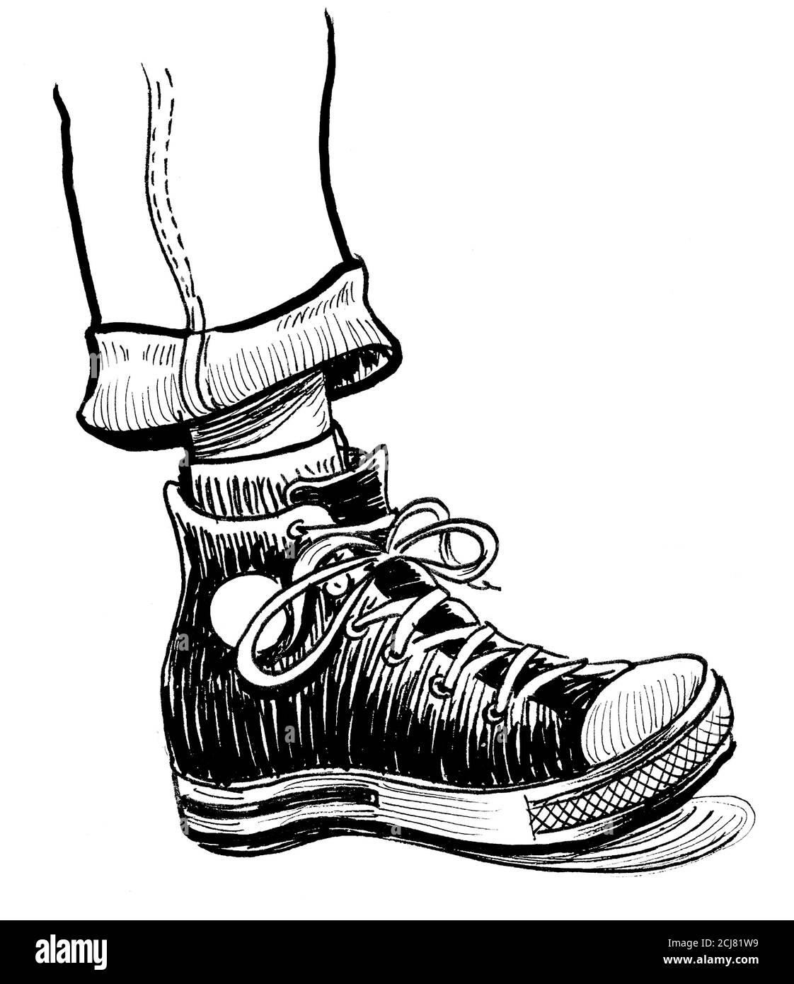 Pied dans la chaussure de sport. Dessin noir et blanc Photo Stock - Alamy