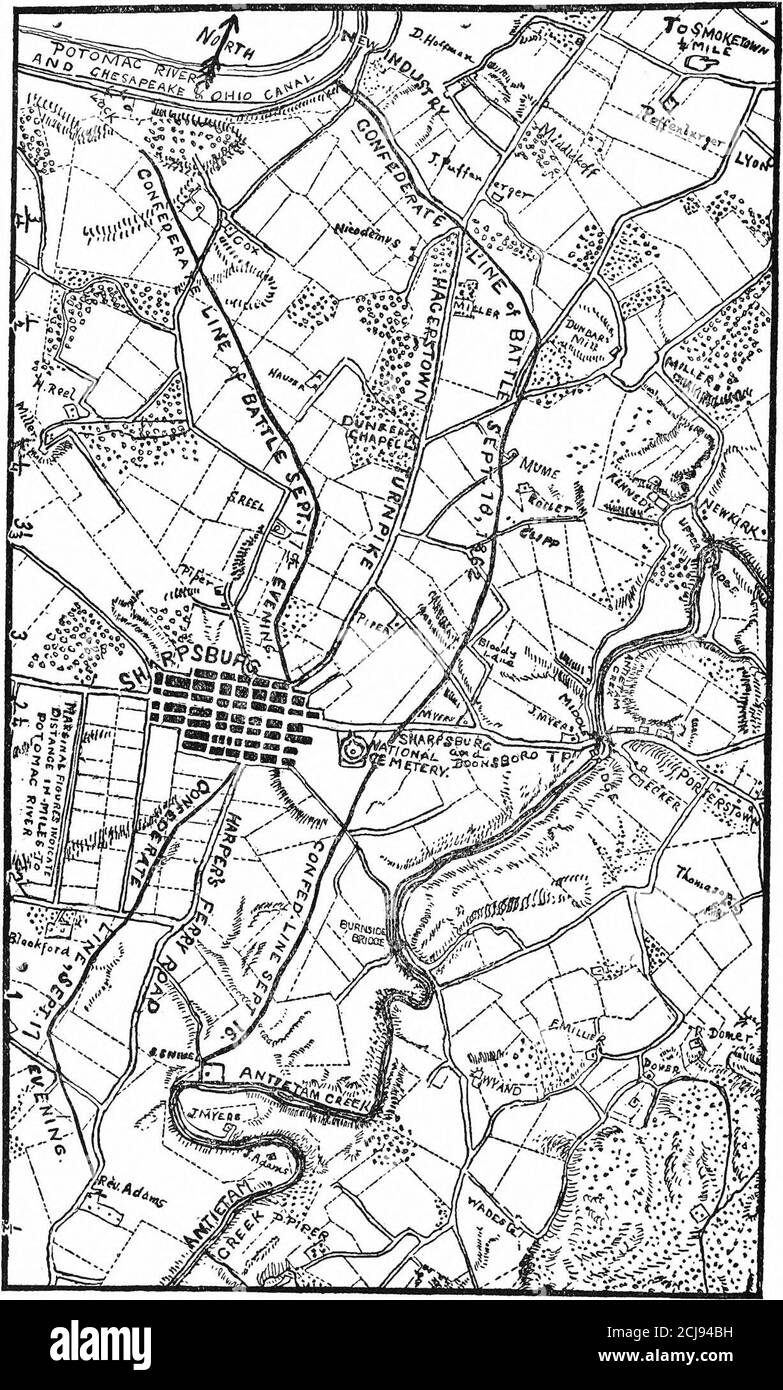 . Une histoire du quarante-quatrième Régiment, New York Volunteer Infantry, dans la guerre civile, 1861-1865 [ressource électronique] . en raison de la mauvaise santé et de Lieut. Col. Conner comme-sumed. La Brigade est restée à Halls Hill 3 jours lorsqu'elle s'est déplacée au Séminaire d'Alexandrie où un camp d'outcamp bien aménagé a été établi et où elle est restée jusqu'au 9.de là, elle est allée dans le bivouac à fort Corcoran où il est resté jusqu'au 12. REMARQUE : La carte du champ de bataille d'Antietam au dos de cette feuille, localise les lignes de bataille confédérées les 16, 17 et 18 jours de septembre 1862. Le 16 Banque D'Images