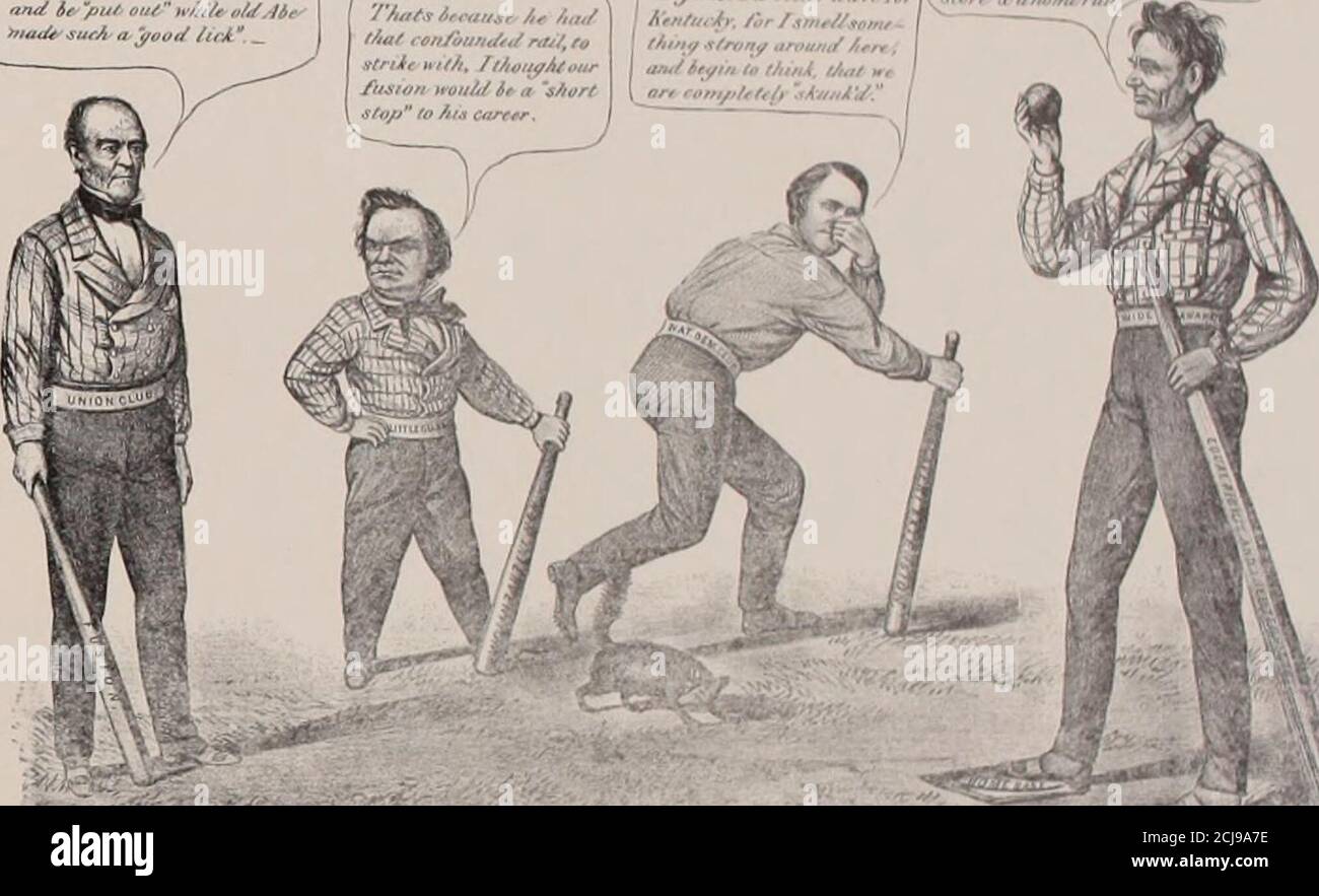 . Caricatures relatives à la guerre civile . ■ CIMENTAGE DE LA vieille garde d'abeon du CHÂTEAU. ir apptars /,. f/UU wt fJirte sheulaand si mis dehors? h 7///// In/ cen/btmded - • ■ rcrr, ■ i •I. LE JEU NATIONAL. THR EE OUTS UN D UNE COURSE ABRAHAM GAGNANT LA BALLE. Banque D'Images