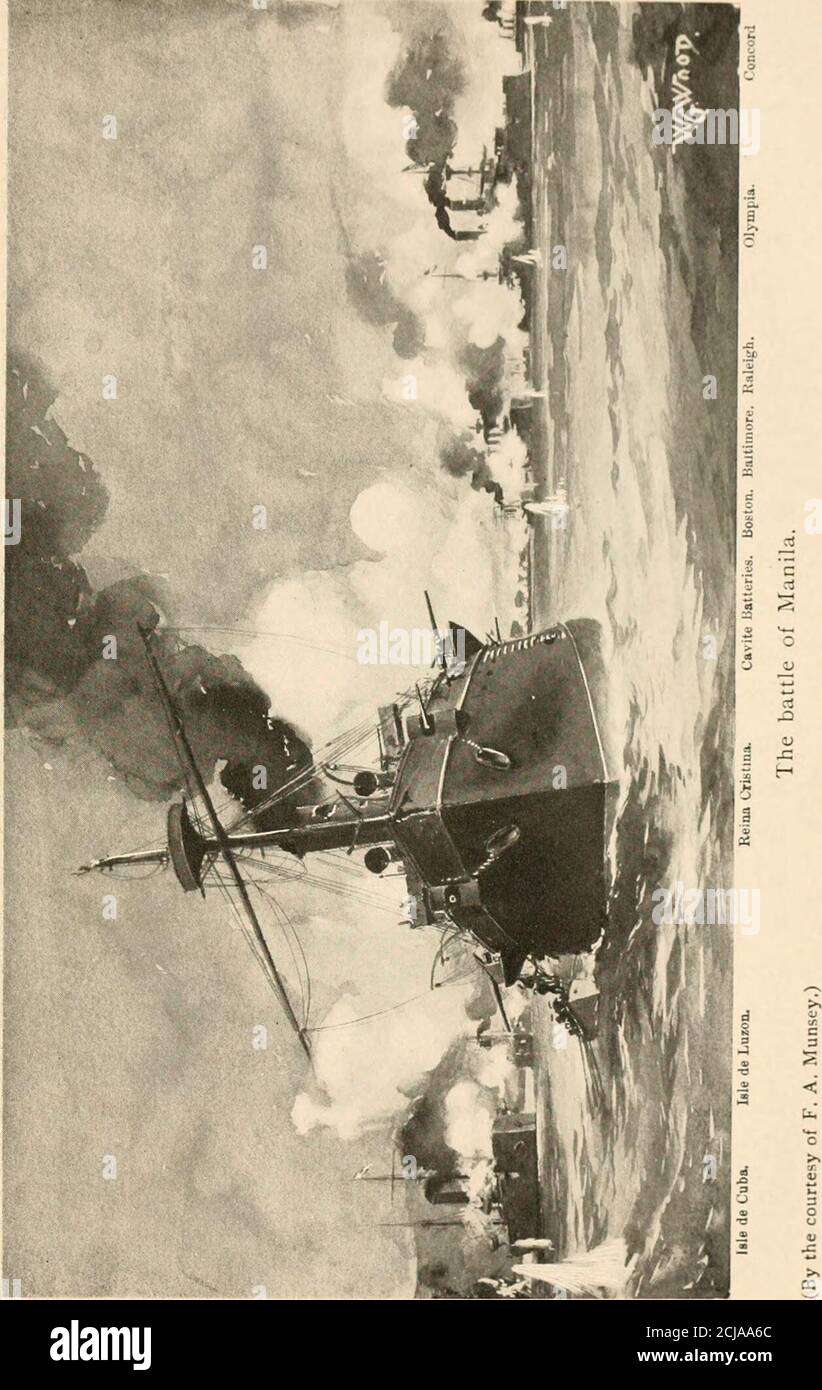. Le héros de Manille; Dewey sur le Mississippi et le Pacifique . e étant traité là.un autre a explosé dans la salle des munitions à l'arrière, remplissant les quartiers de fumée et empêchant le travail de l'engrenage de direction manuel. Comme il était impossible de contrôler l'incendie, j'ai dû inonder le magazine quand les cartouches ont commencé à exploser. Amidoshipsplusieurs obus de plus petit calibre sont passés par thesmokestack, et l'un des grands a pénétré dans la salle du feu, mettant hors d'action un maître gunneret douze hommes servant les armes. Un autre renderedinutile le pistolet à arc tribord. Pendant que le feu est en arrière Banque D'Images