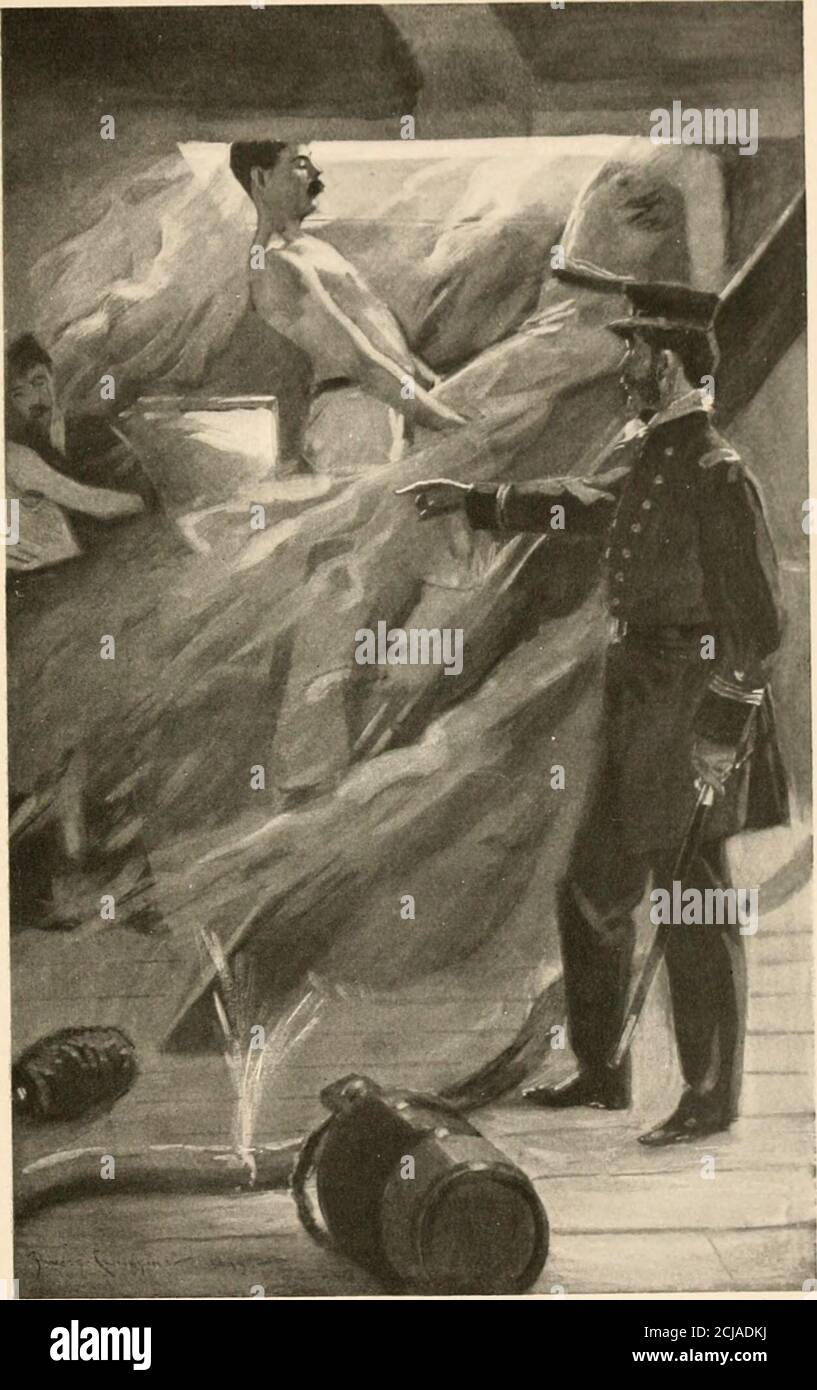 . Le héros de Manille; Dewey sur le Mississippi et le Pacifique . Je descendrai et je m'assurai, Dewey an-swered; et vers le bas il est allé dans le wardroom, atthe risque de sa vie, et a vu que tout a été ablaqué. Quand il est retourné au pont et a rapporté, thecaptain a été satisfait, puis les deux officiers ont laissé le dernier bateau et sont passés au Richmondunder le feu des batteries. Quand les flammes avaient suffisamment éclairci le Mississippi, elle a flotté, se sont balancé dans le courant, et a dérivé vers le bas du ruisseau, avant de s'incliner. La batterie du port, qui avait été chargée mais qui n'a pas été déclenchée, s'est maintenant éteinte, Banque D'Images