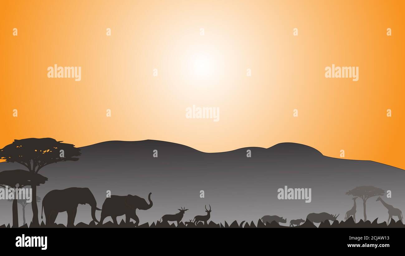 Ensemble de silhouette de famille d'éléphants rhinocéros cerfs et girafes dans la prairie sur fond multicolore. Banque D'Images