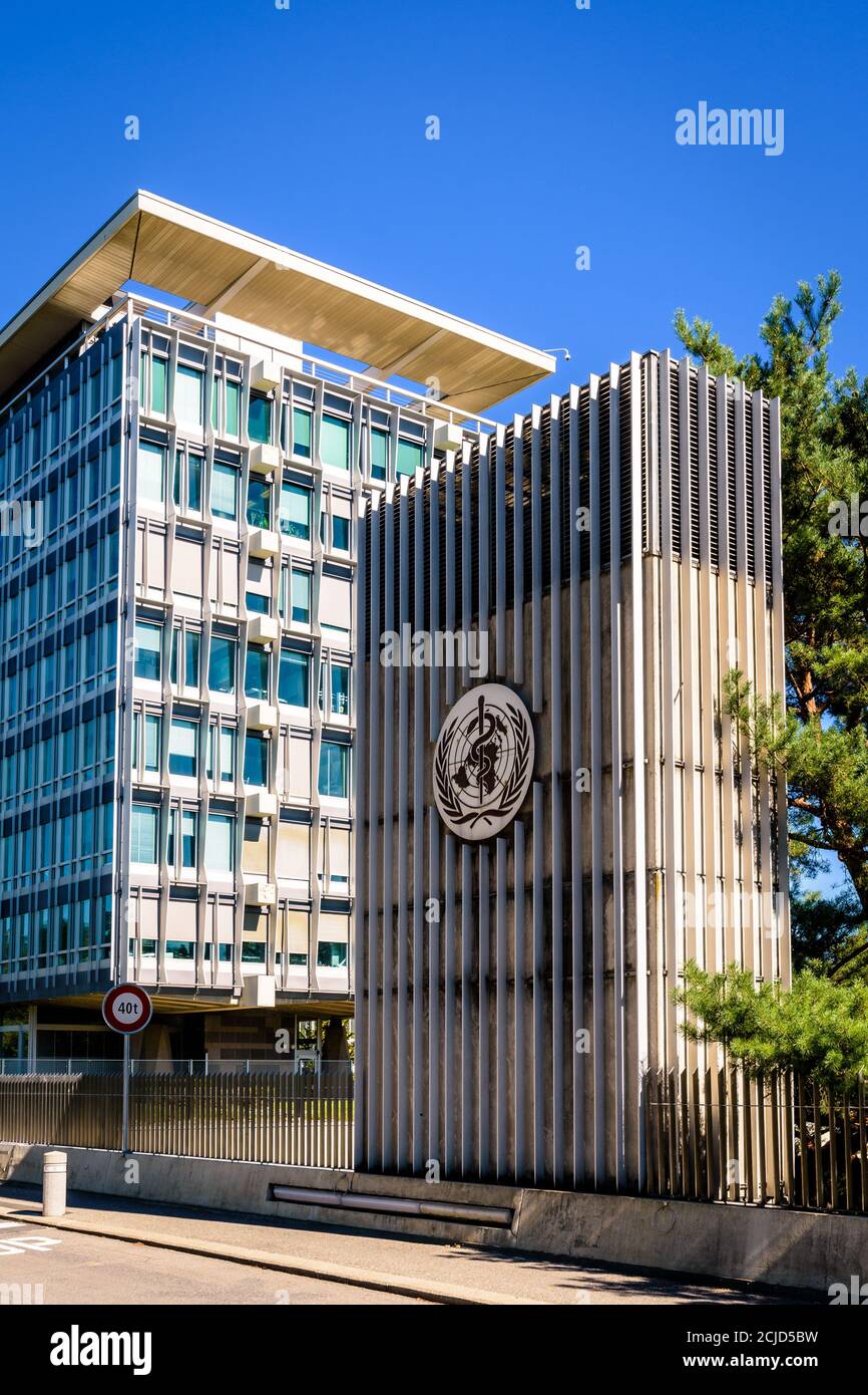 Siège de l'Organisation mondiale de la santé à Genève (Suisse), institution spécialisée des Nations Unies chargée de la santé publique internationale. Banque D'Images