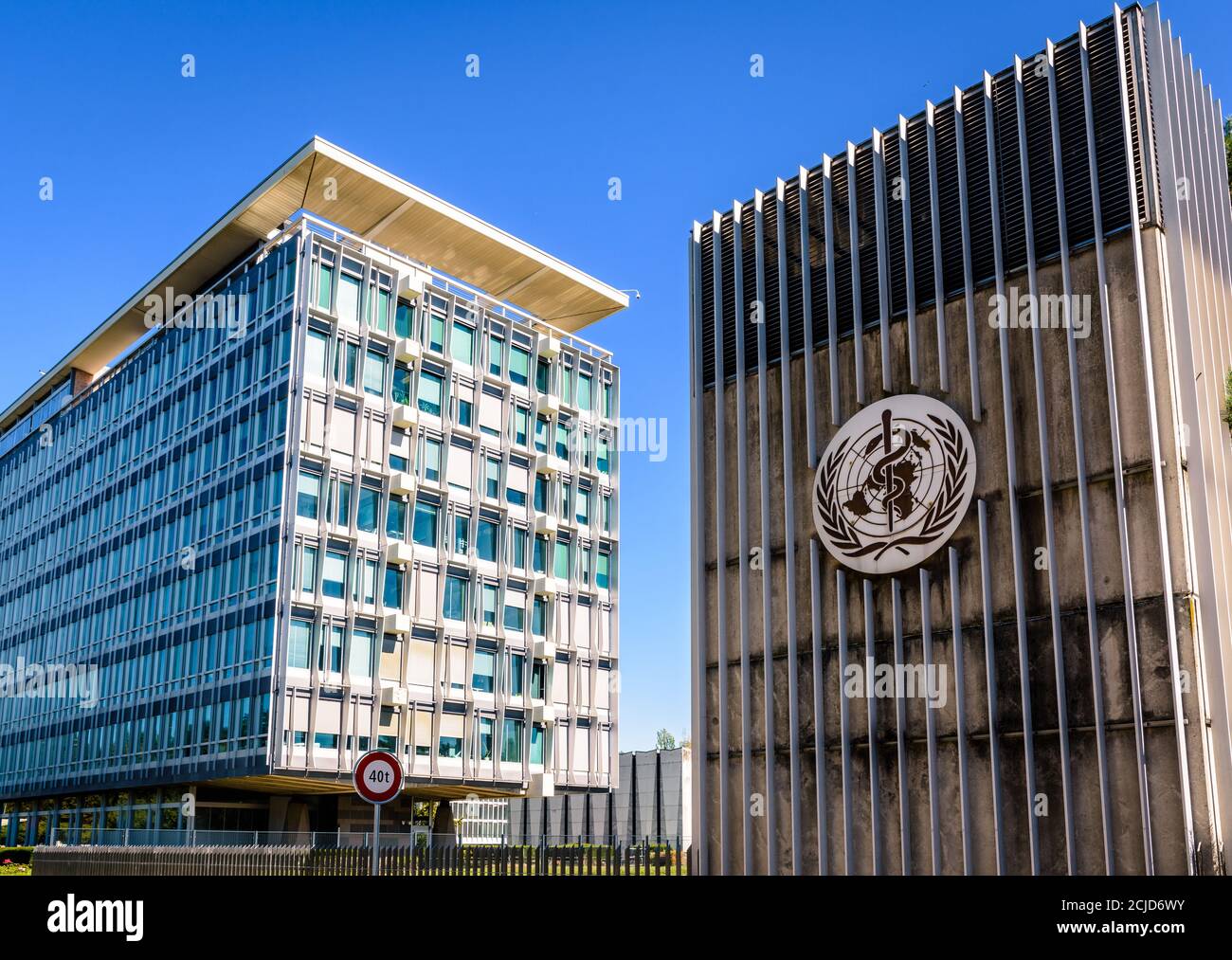 Siège de l'Organisation mondiale de la santé à Genève (Suisse), institution spécialisée des Nations Unies chargée de la santé publique internationale. Banque D'Images