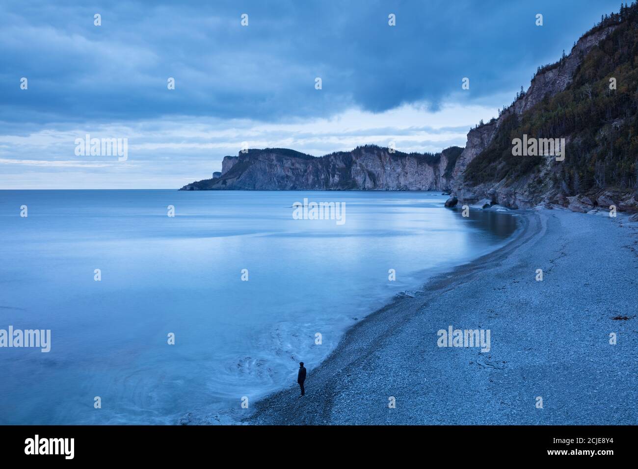 Wendy regardant Cap Gaspé de Cap bon ami à l'aube, Parc national Forillon, Gaspésie, Québec, Canada Banque D'Images
