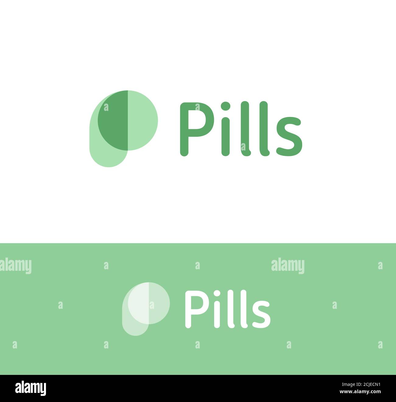 Pilules simple logo concept pour analgésique, antibiotique, suppléments vitaminiques et autres produits chimiques de soins de santé. Résumé lettre simple symbole P pour Illustration de Vecteur