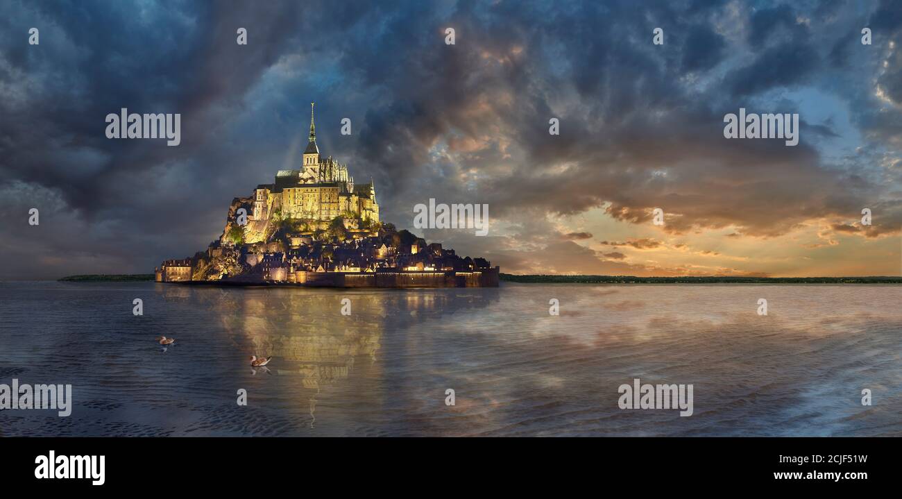 Vue panoramique sur l'île marémotrice du Mont Saint Michel la nuit à ...