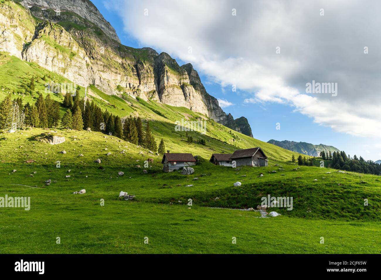Chalets alpins et pâturages sur le Schwaigalp, canton d'Appenzell Ausserrhoden, Suisse Banque D'Images