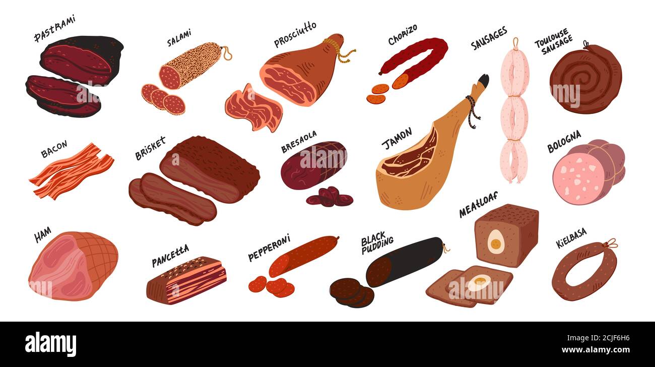 Set de charcuterie. Saucisses et charcuterie du monde entier. Dessin animé de style plat Illustration sur fond blanc Banque D'Images