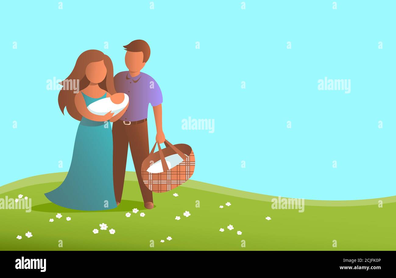 Jeunes parents avec un bébé dans leurs bras. Belle maman et papa stand dans un pré d'été avec l'herbe verte et les fleurs. Place pour votre texte. Chariot vectoriel Illustration de Vecteur