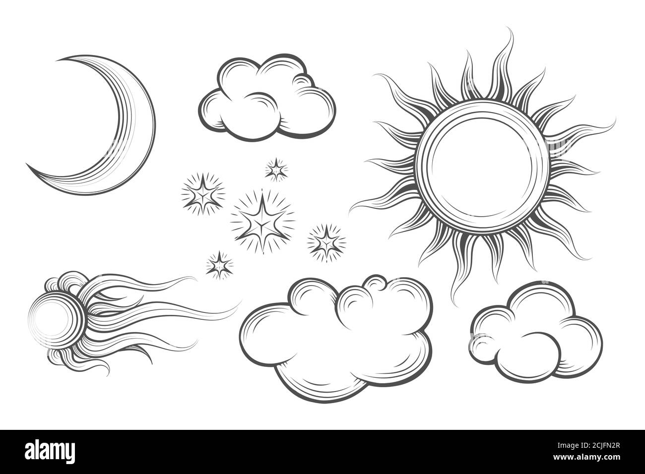 Ensemble de corps Heavenly à gravure dessinée à la main. Soleil, lune, comète, étoiles et nuages. Illustration vectorielle. Illustration de Vecteur