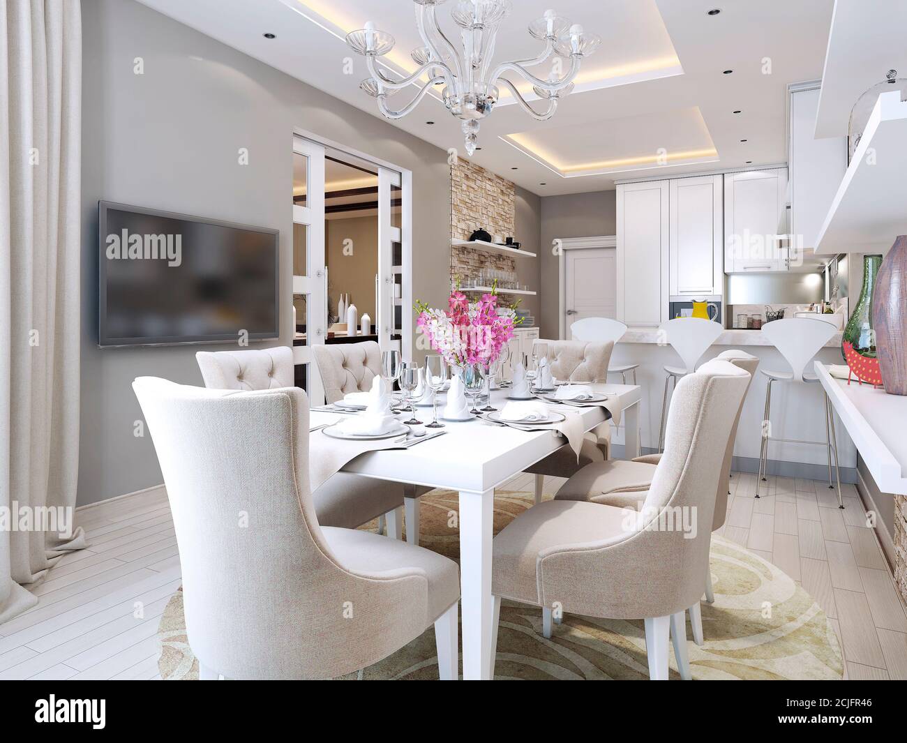 cuisine et salle à manger de style néoclassique, images 3d Banque D'Images