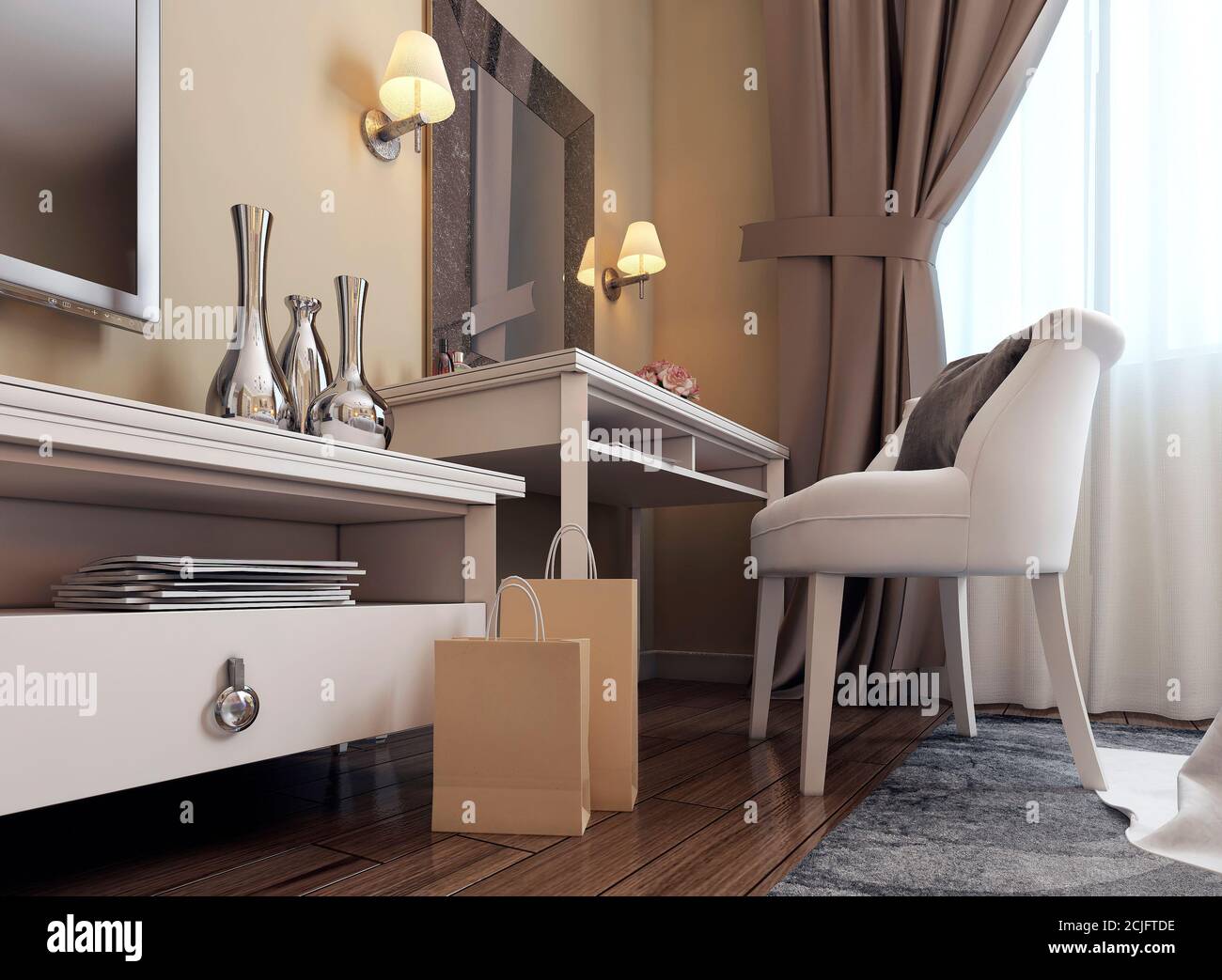 Coiffeuse blanche avec chaise et miroir avec sconces dans la chambre.  images 3d Photo Stock - Alamy
