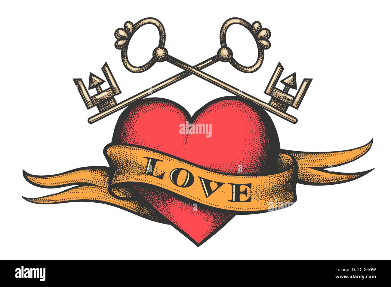 Coeur avec touches dorées et ruban avec des lettres Love dessinées dans le style rétro tatouage. Illustration vectorielle. Illustration de Vecteur