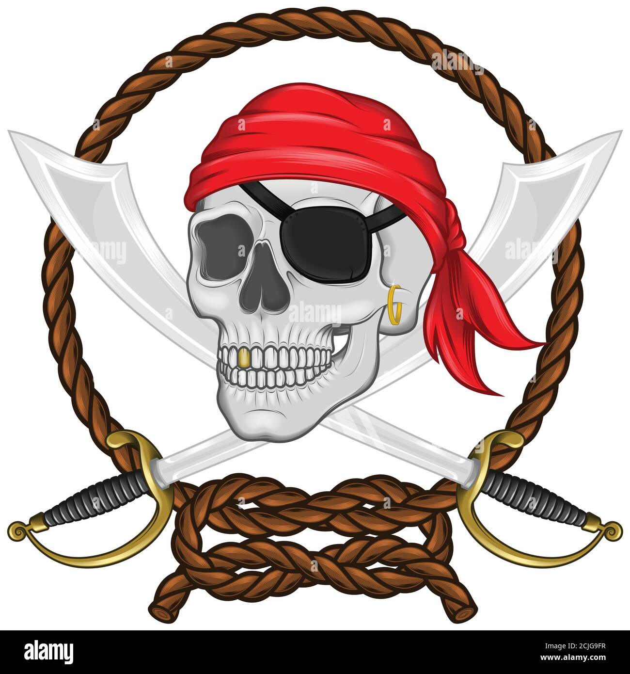 Illustration vectorielle d'un crâne pirate avec deux épées entourées d'une corde entrelacée, avec effet dégradé, le tout sur fond blanc Illustration de Vecteur