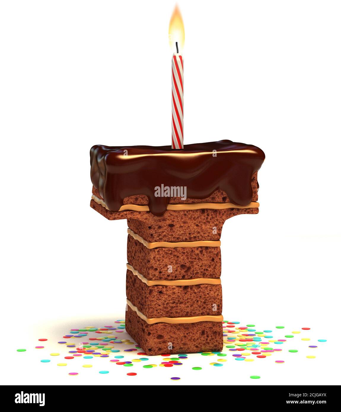 Gateau D Anniversaire Au Chocolat Avec Bougie Eclairee Et Police Confetti 3d Lettre T Photo Stock Alamy