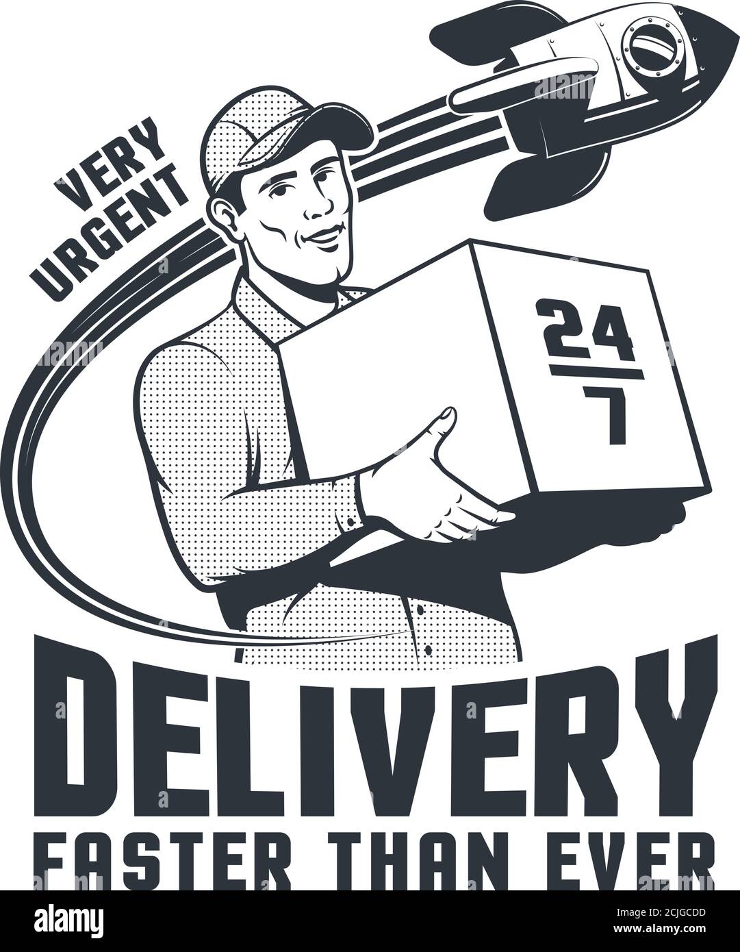 Livreur rétro logo avec fusée Illustration de Vecteur