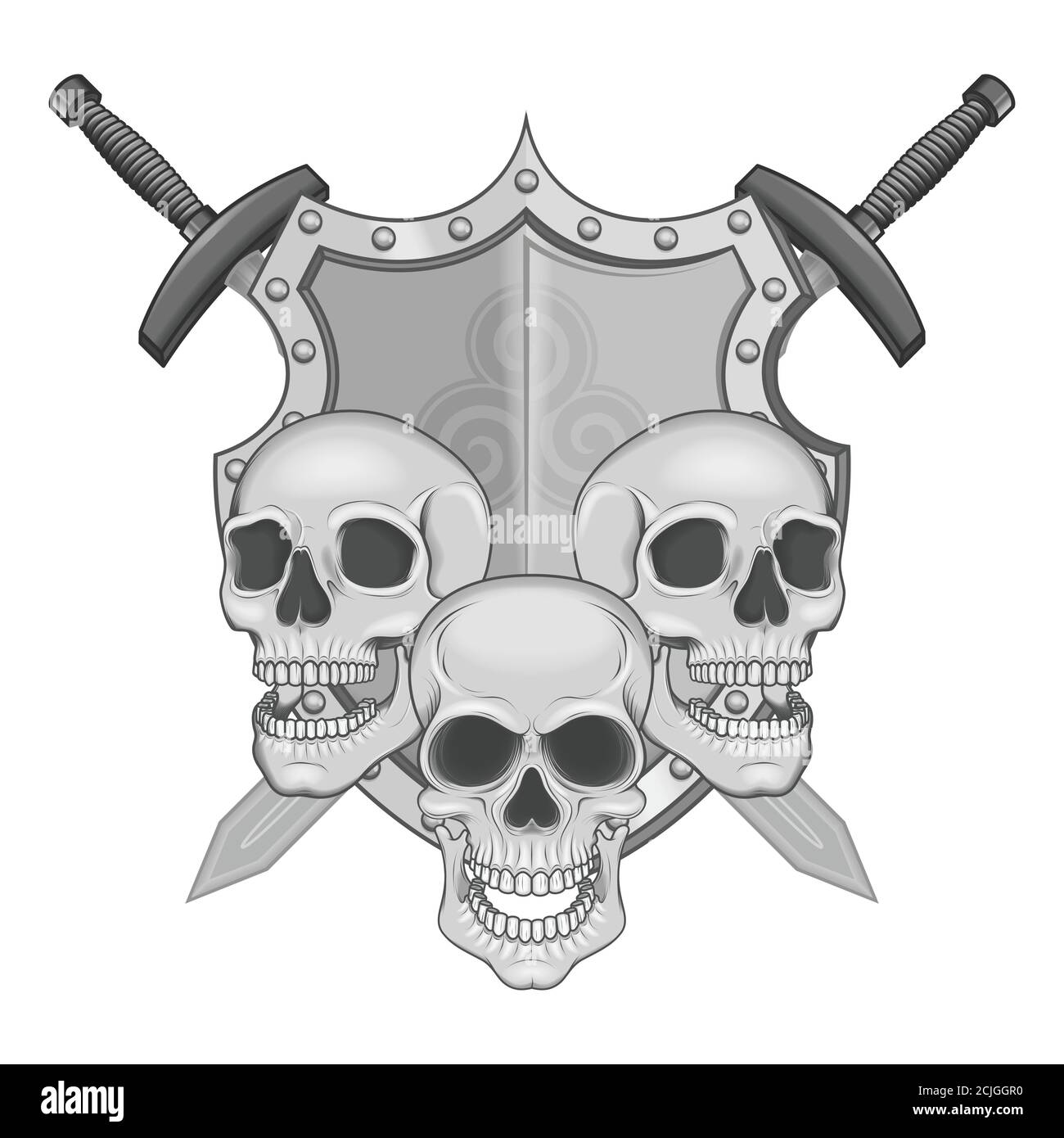 Illustration de crânes bouclier et épées, art traditionnel de haute qualité avec des paillettes et des ombres, le tout sur fond blanc Illustration de Vecteur
