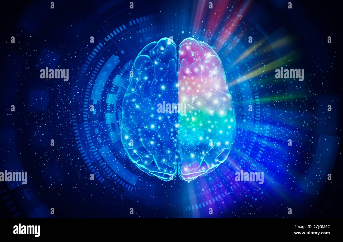 Illustration 3d de l'hologramme numérique du cerveau humain brillant sur un arrière-plan futuriste abstrait, concept d'IA Banque D'Images