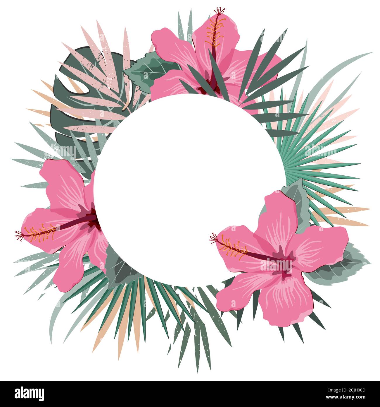 Cadre rond avec feuilles de palmier tropicales et fleurs d'hibiscus. Arrière-plan Tropic d'été. Illustration vectorielle pour cartes, arrière-plans de pages Web, impressions Illustration de Vecteur