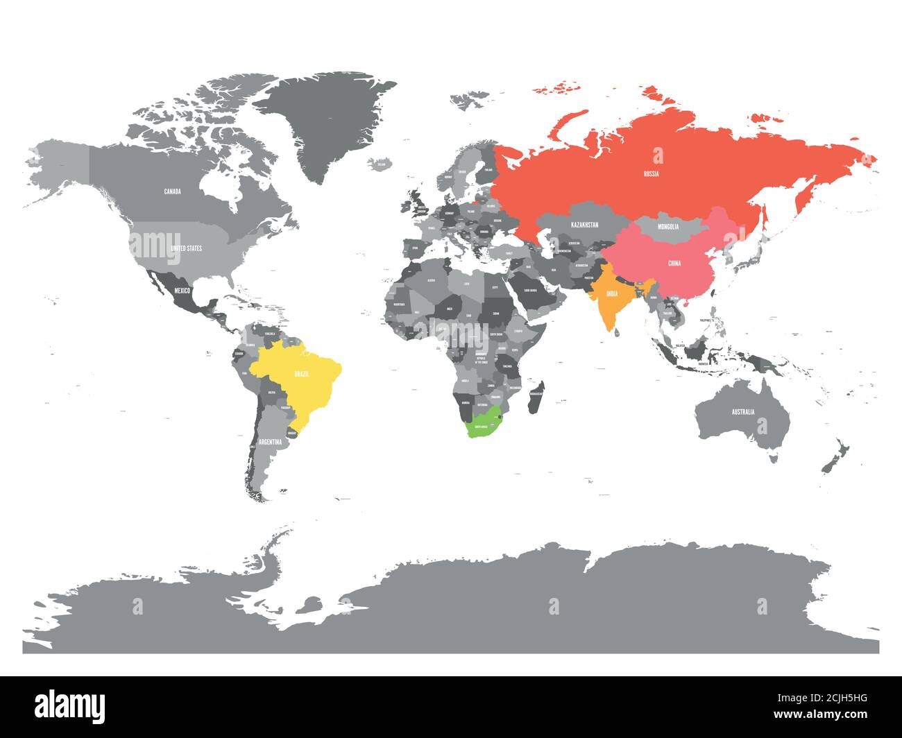 Carte du monde avec les pays membres des BRICS - association de cinq grandes économies nationales émergentes - Brésil, Russie, Inde, Chine et Afrique du Sud. Illustration de Vecteur