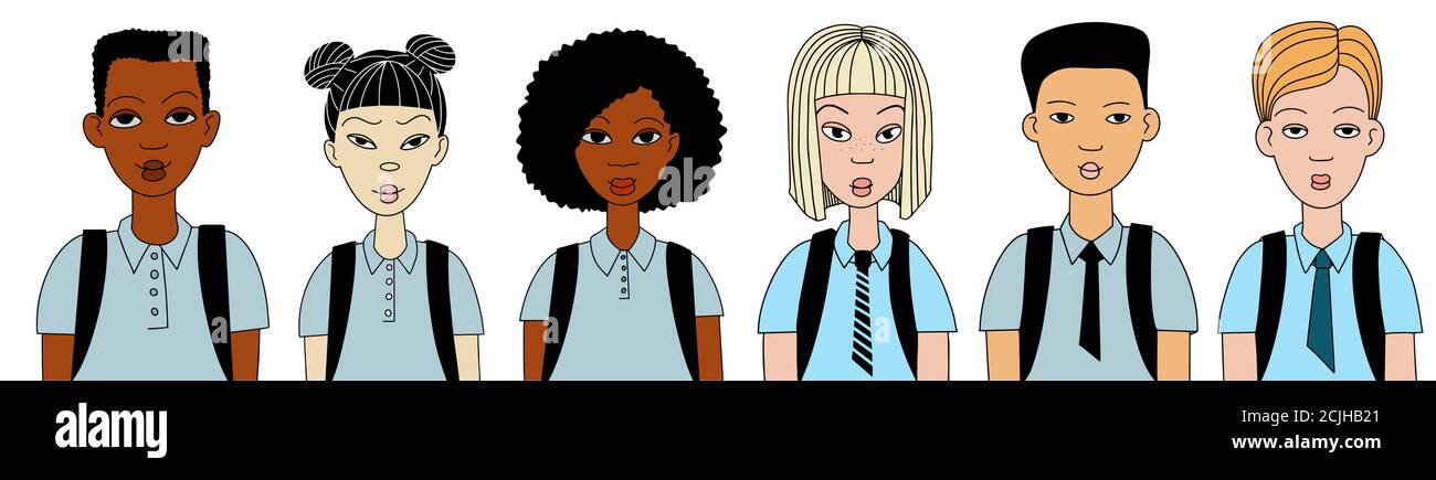 Jeu de caractères enfants. Groupe d'adolescents de différentes nationalités dans les uniformes scolaires. Isolé sur fond blanc. Style de l'illustratin vectoriel Illustration de Vecteur