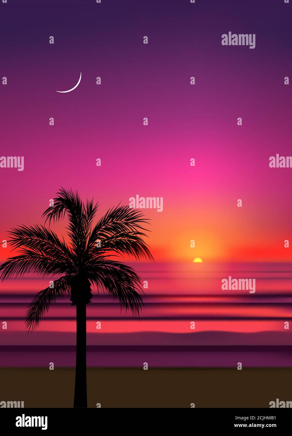Plage tropicale d'été avec palmiers, ciel lever du soleil et coucher du soleil. Affiche d'été affiche circulaire carte d'invitation. L'été. Illustration de Vecteur