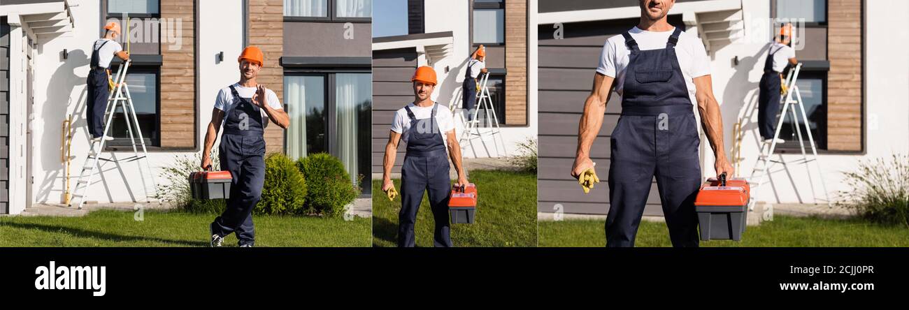 Collage du constructeur avec boîte à outils montrant un geste ok sur la pelouse près du bâtiment Banque D'Images