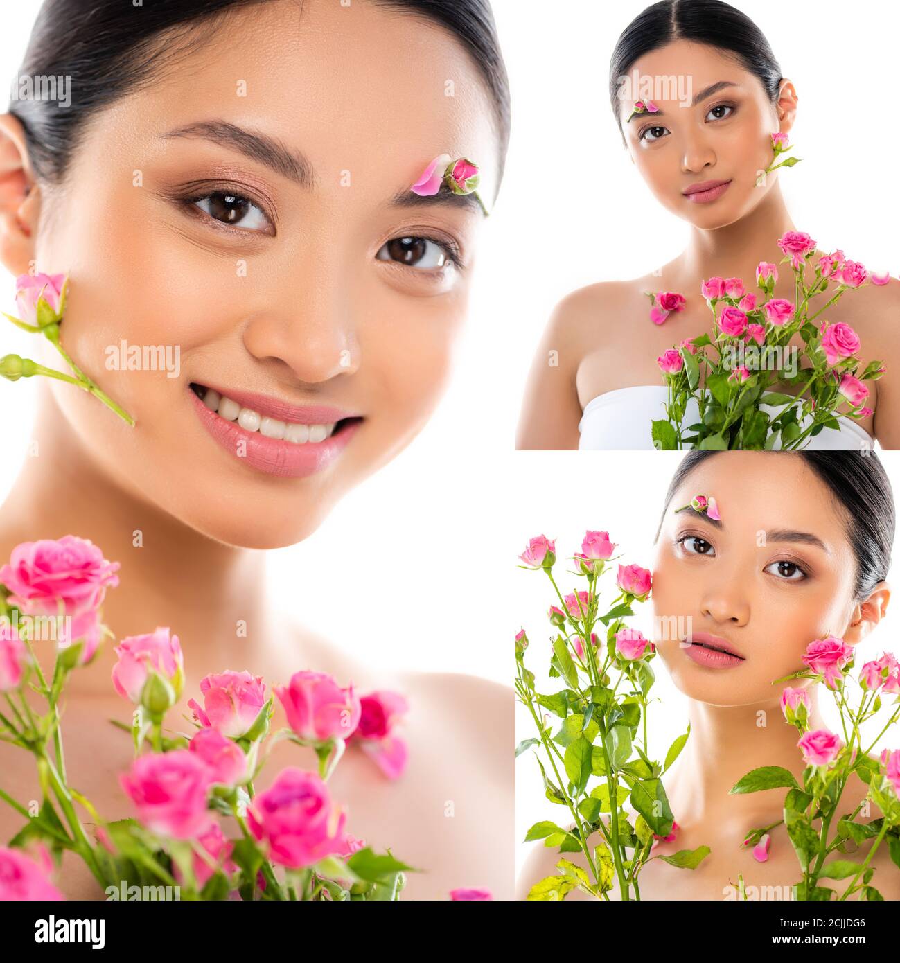 Collage de femme asiatique regardant un appareil photo avec des fleurs roses sur une face isolée sur blanc Banque D'Images