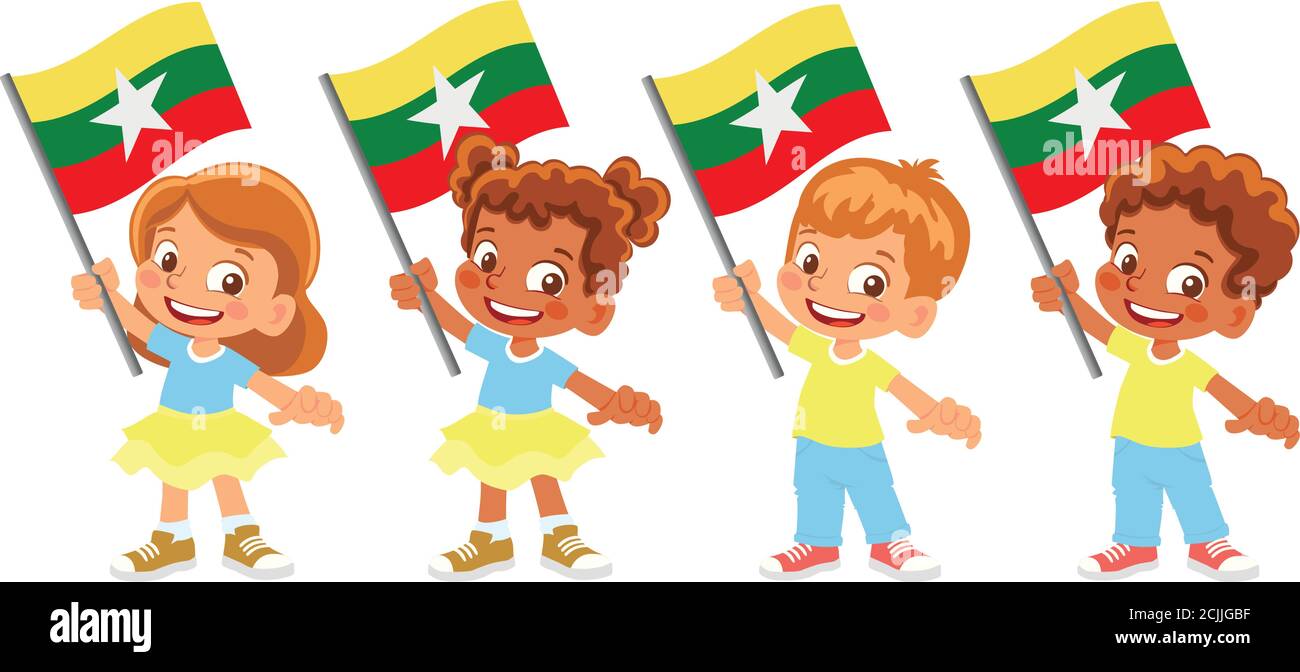 Drapeau du Myanmar en main. Drapeau de retenue des enfants. Drapeau national du Myanmar vecteur Illustration de Vecteur