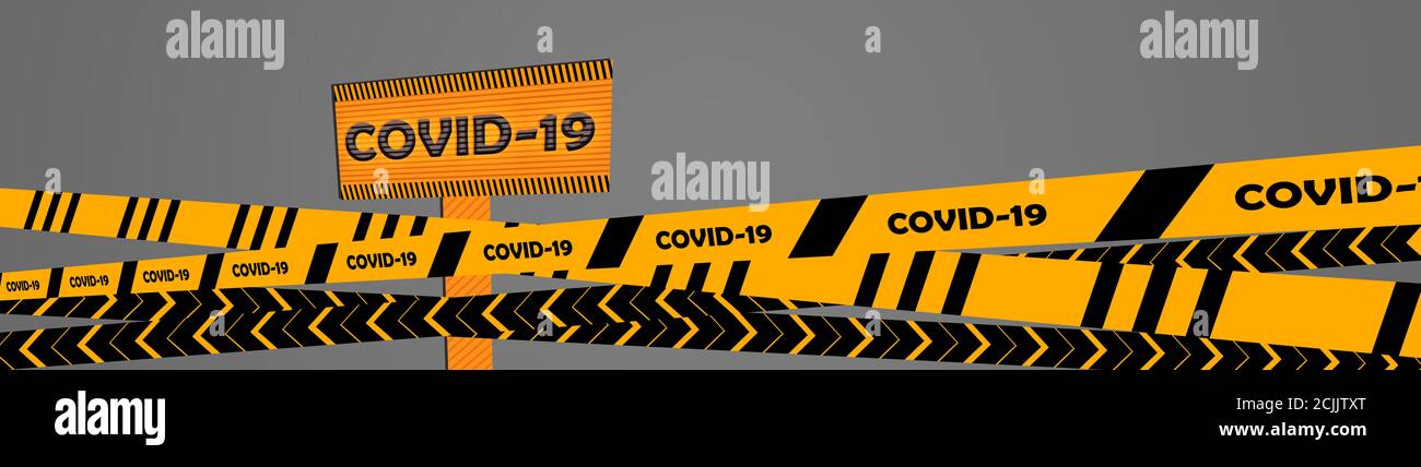 Mise en quarantaine de la bande de danger. Avertissement : clôture de ruban de signalisation du coronavirus. Bandes noires et jaunes. Bande jaune épidémique covid-19 avec inscription de quarantaine, Banque D'Images