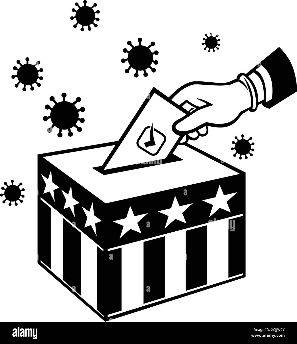 Illustration de style rétro d'un électeur américain avec main de gant vote lors du confinement du coronavirus du covid-19 pandémique, ce qui place le vote au scrutin Boîte avec U Illustration de Vecteur