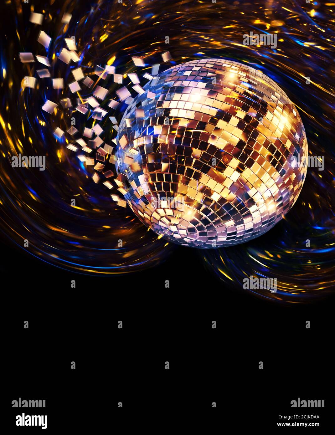 Broken disco-ball isolé sur fond bleu avec des morceaux de miroir à tomber  sur un plancher de verre brillant Photo Stock - Alamy