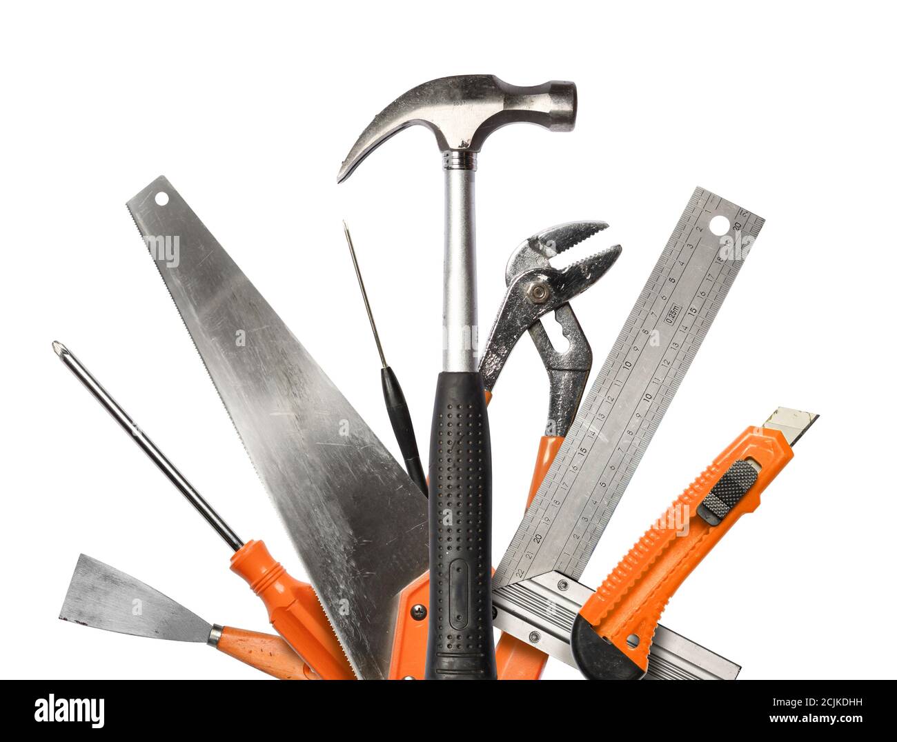 Outils à main réalistes avec rayures, portés au travail, isolés sur fond blanc Banque D'Images Outils à main réalistes avec rayures, portés au travail, isolés sur fond blanc Banque D'Images