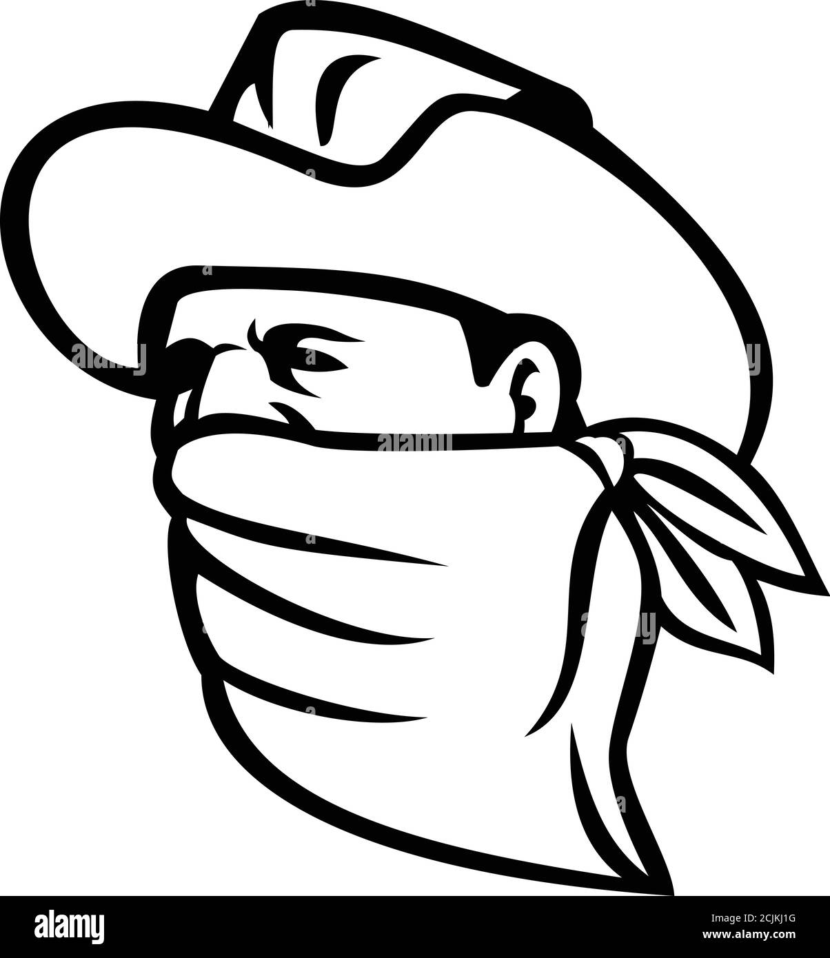 Mascotte illustration d'un cowboy bandit, Outlaw, highwayman, Maverick ou voleur portant un masque facial, une couverture faciale ou un bandana regardant à côté sur l'isolate Illustration de Vecteur
