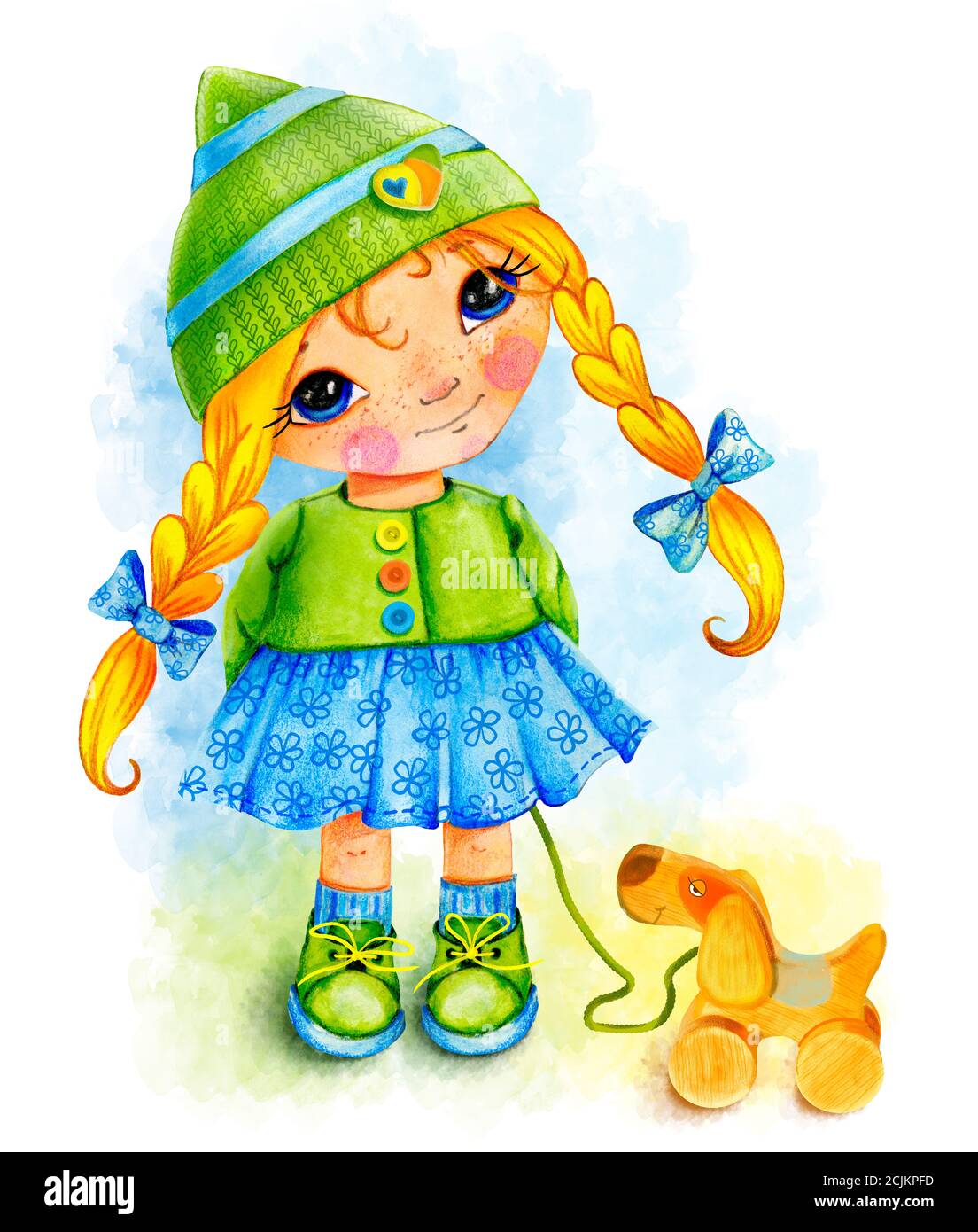 Petite fille mignonne dans un chapeau tricoté vert et une belle robe sourit, se tient, un chien en bois jouet dans ses mains, dessin aquarelle, fille avec long Banque D'Images