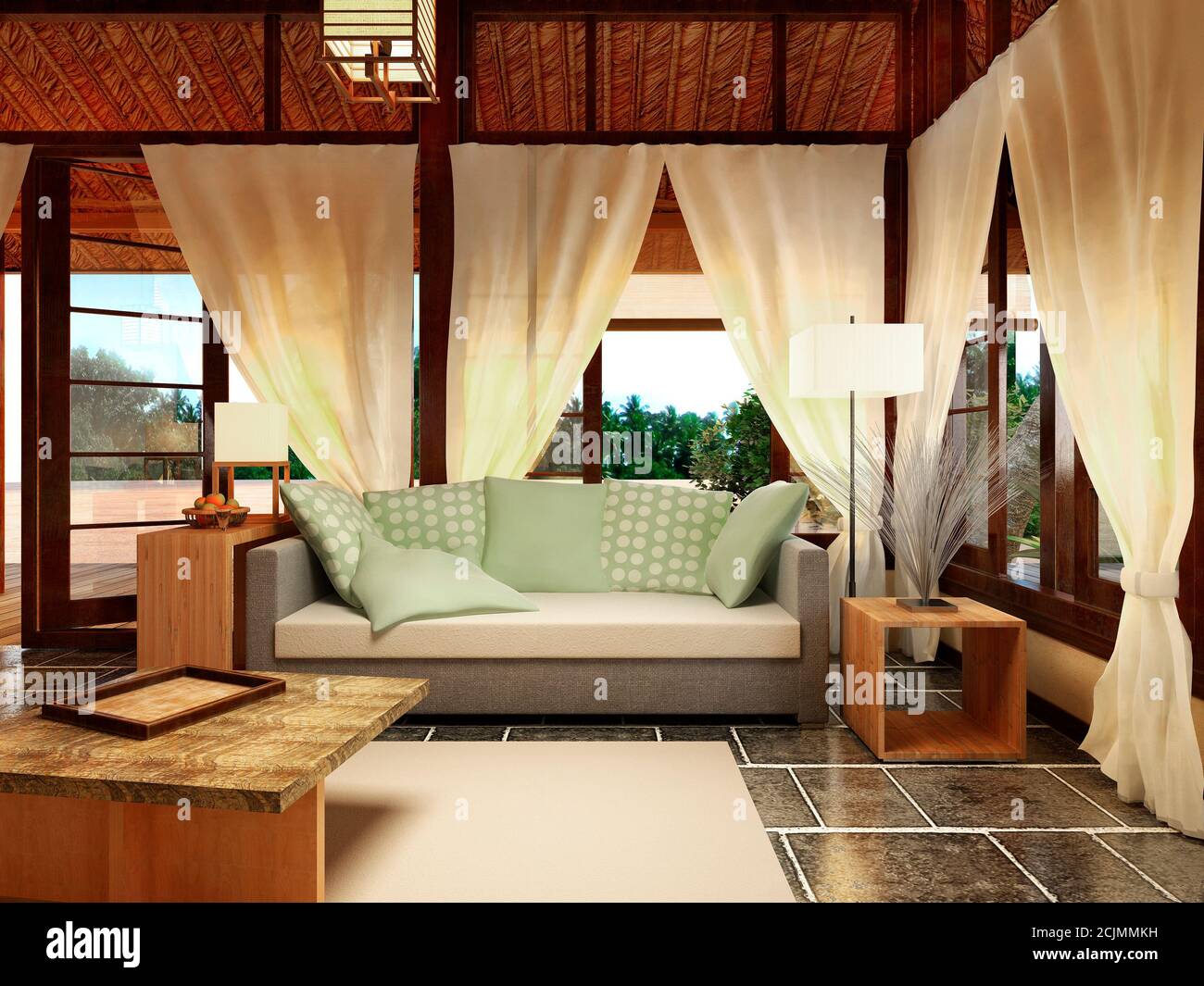 Design intérieur de bungalow, visualisation 3D Banque D'Images