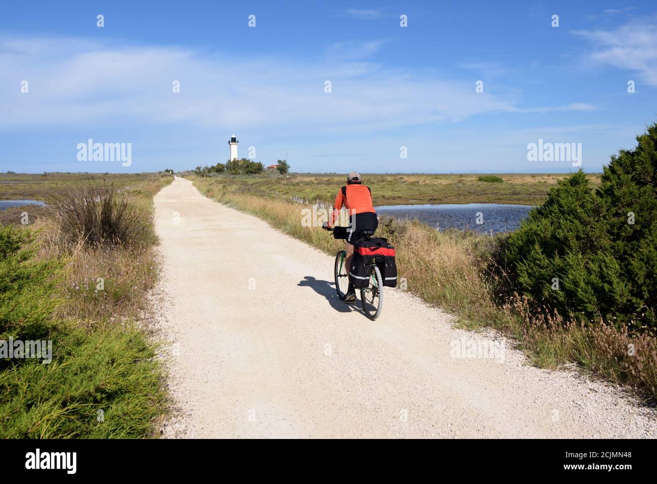 Cycliste sur piste cyclable le long de la Digue à la Mer Ou sentier côtier de Dyke de Gacholle à la Camargue des Saintes-Maries-de-la-Mer Provence France Banque D'Images