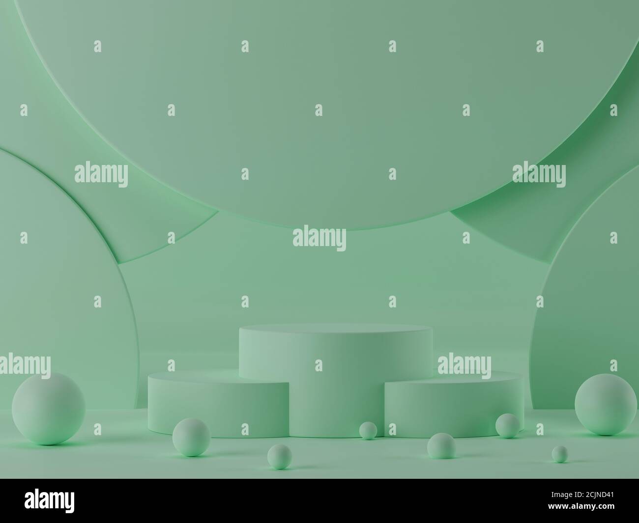 podiums de cylindre de rendu 3d sur fond vert pastel avec des sphères et des formes de cercle. Banque D'Images
