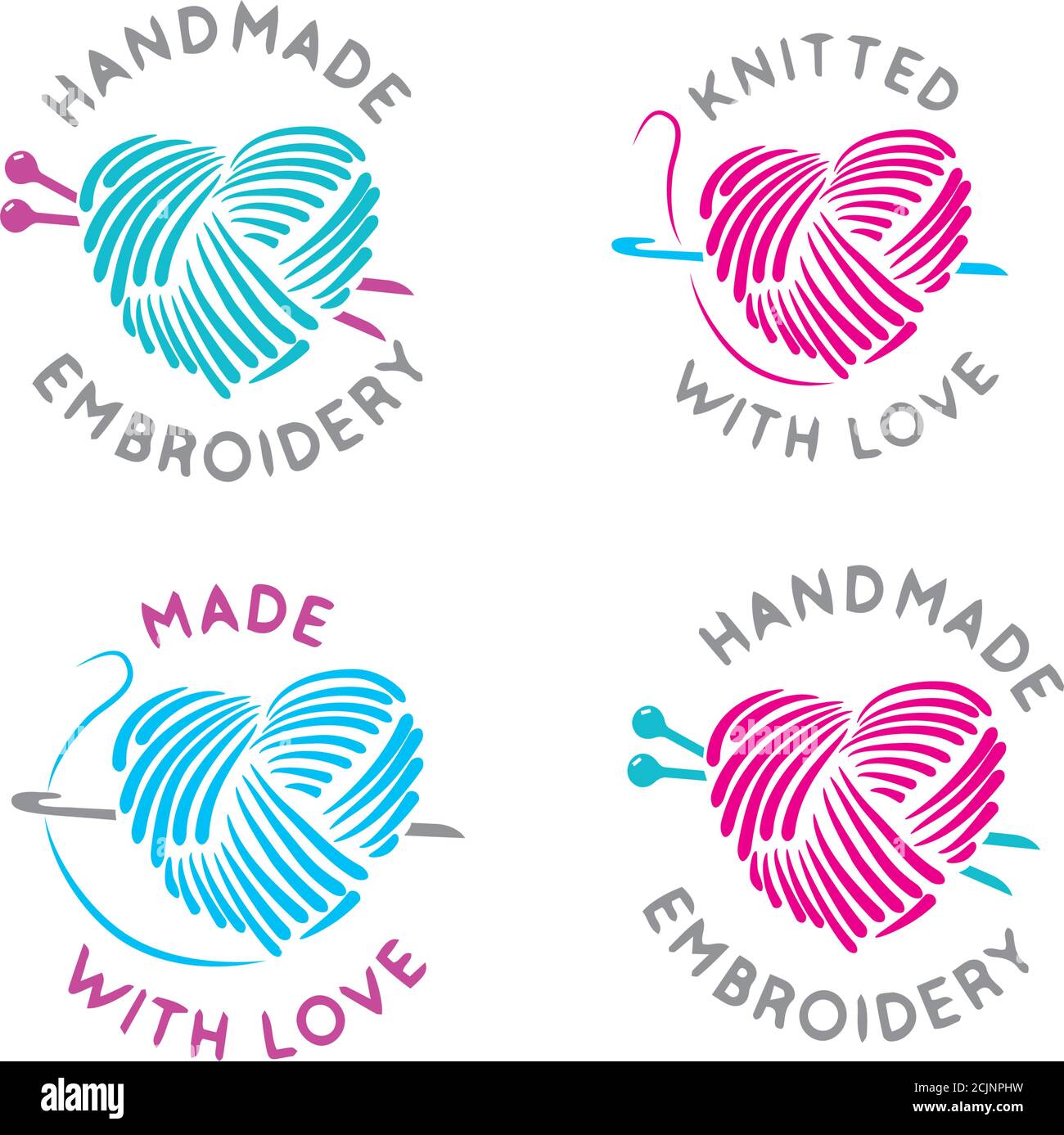 Ensemble vectoriel de modèles de logo en fait et tricoté avec amour, style linéaire simple - badges de mode et d'artisanat fait à la main - emblèmes embroid fait à la main Illustration de Vecteur