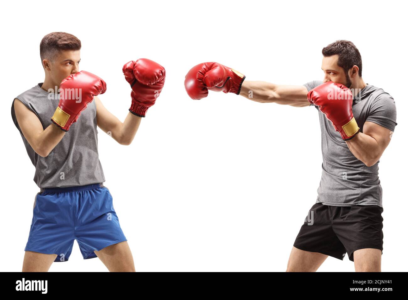Les jeunes hommes se battent avec des gants de boxe isolés sur fond blanc Banque D'Images