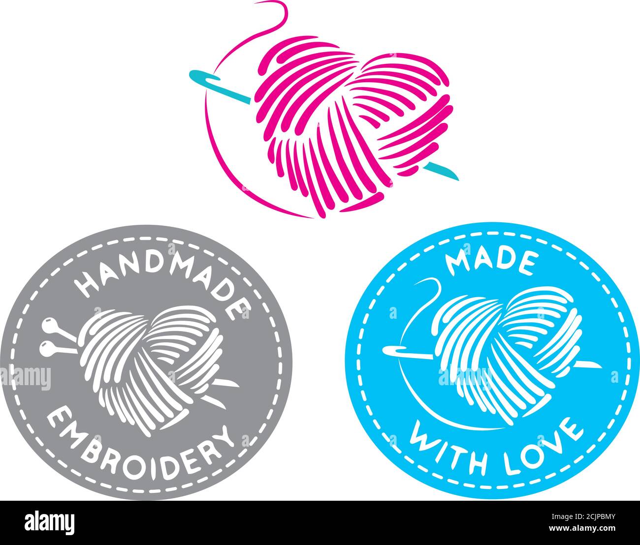 Ensemble vectoriel de modèles de logo en fait et tricoté avec amour, style linéaire simple - badges de mode et d'artisanat fait à la main - emblèmes embroid fait à la main Illustration de Vecteur
