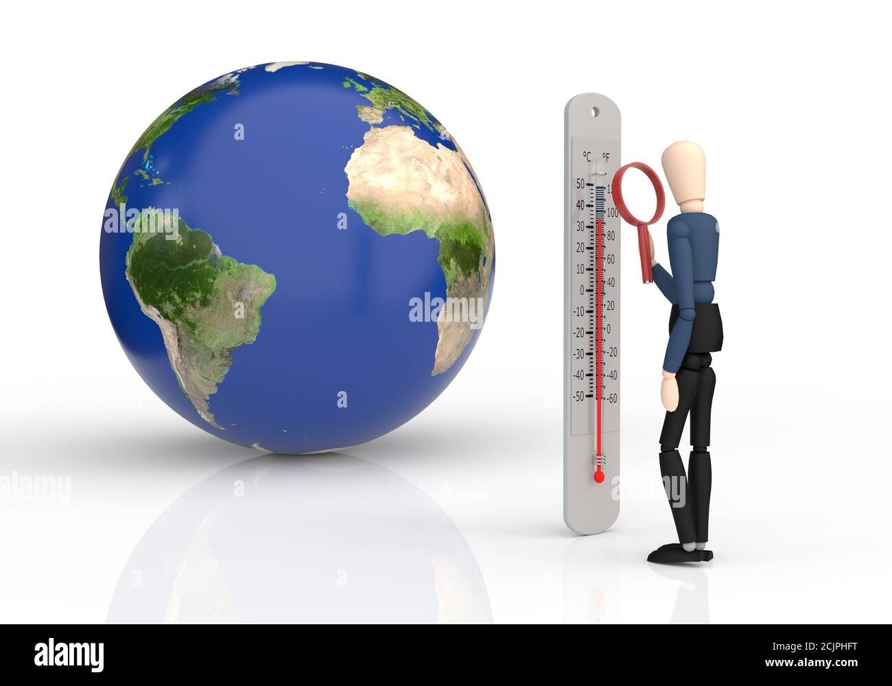 Marionnette en bois et terre regardant un thermomètre avec une loupe. Augmentation des températures, concept de réchauffement de la planète Banque D'Images