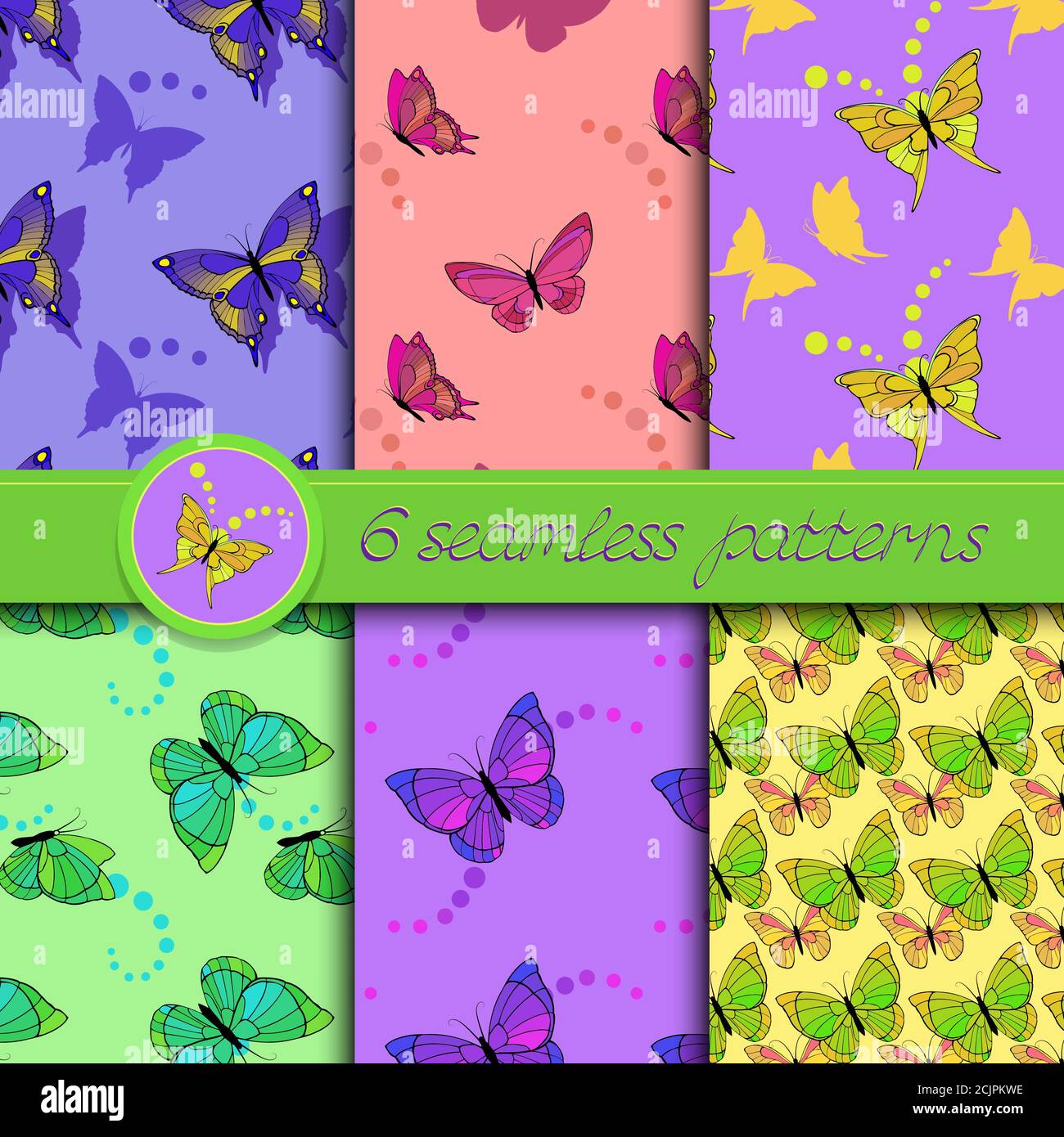 Ensemble vectoriel de motifs sans couture avec papillons. Collection de motifs en bleu, rose, jaune, violet et vert. Illustration de Vecteur