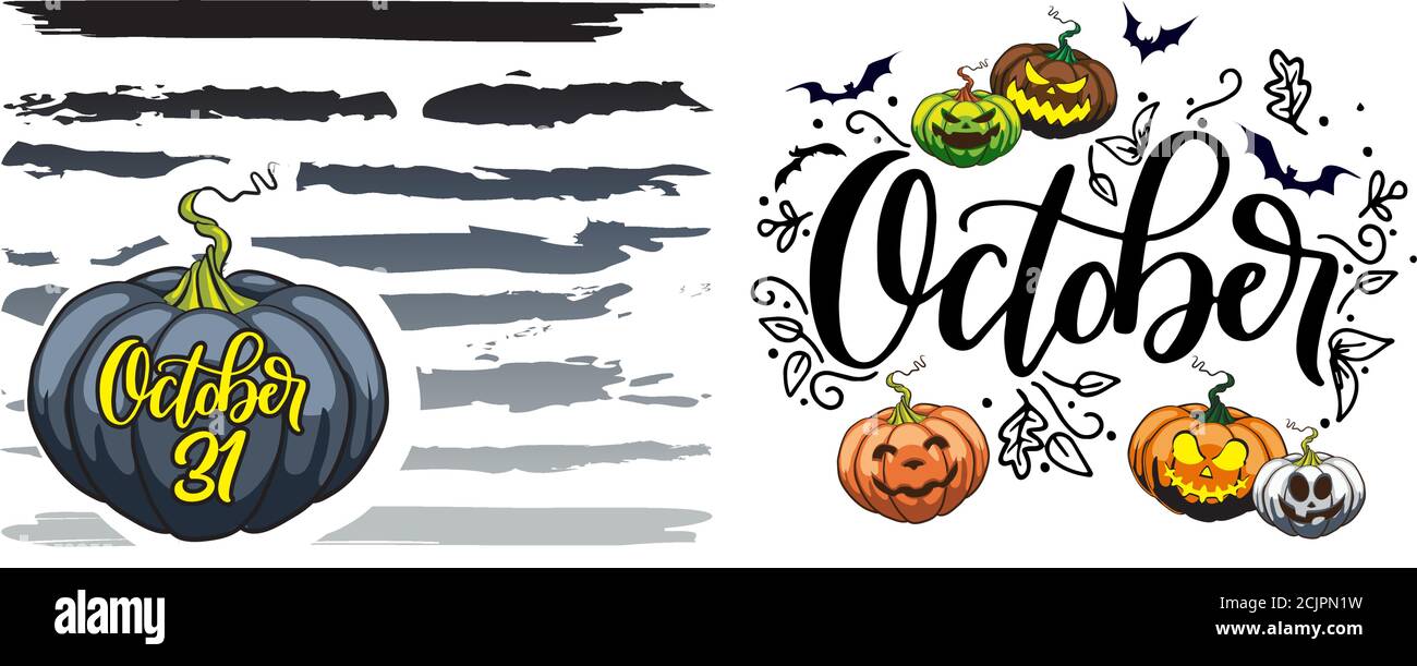 Citrouille d'Halloween avec visages effrayants drôles différentes formes et couleurs Illustration de Vecteur