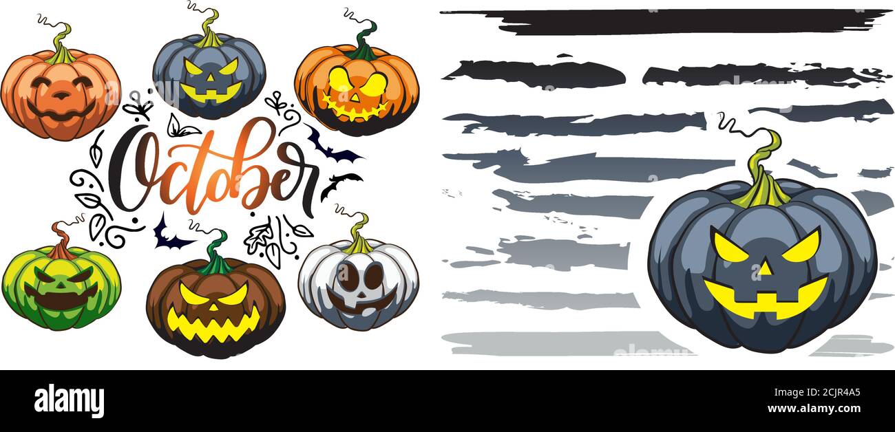 Citrouille d'Halloween avec visages effrayants drôles différentes formes et couleurs Illustration de Vecteur