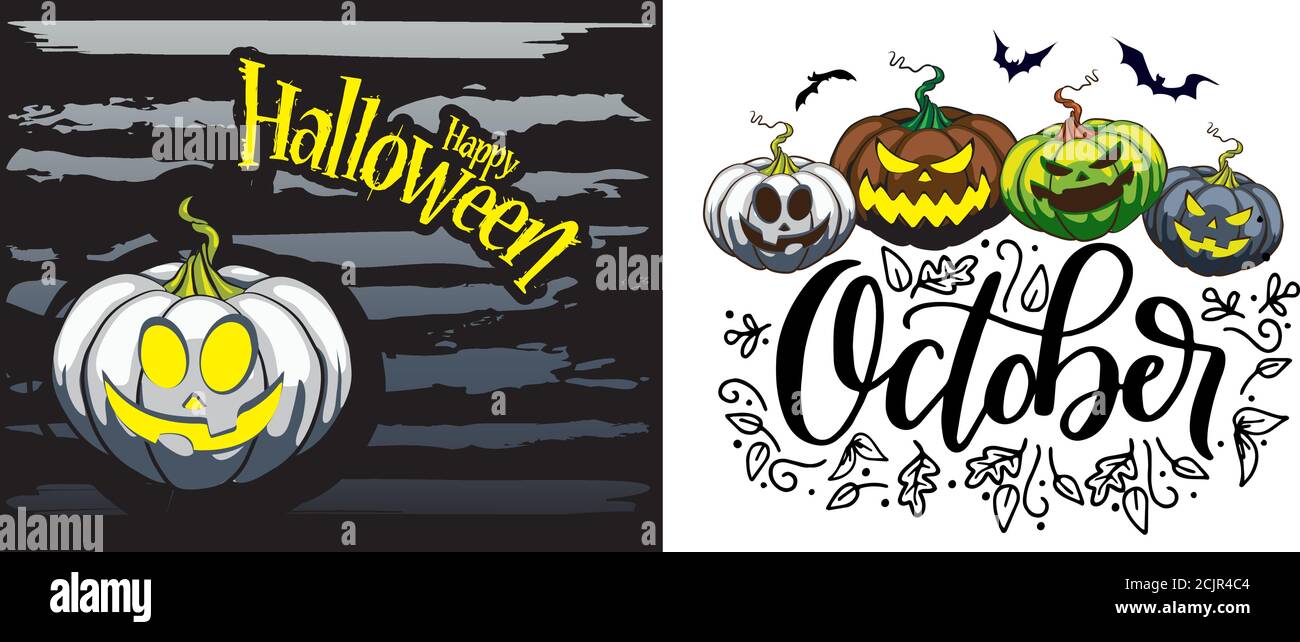 Citrouille d'Halloween avec visages effrayants drôles différentes formes et couleurs Illustration de Vecteur